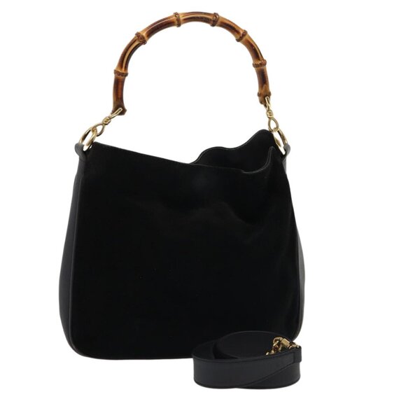 GUCCI Bamboo Hand Bag Suede 2way Black Auth 81045 - Picture 1 of 16
